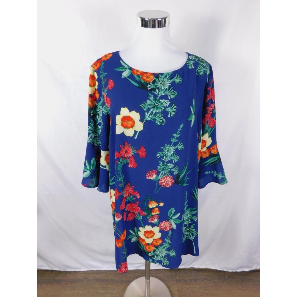 Meraki Dress Womens XL Blue Floral Bell Sleeve Shift Short Round Neck Casual